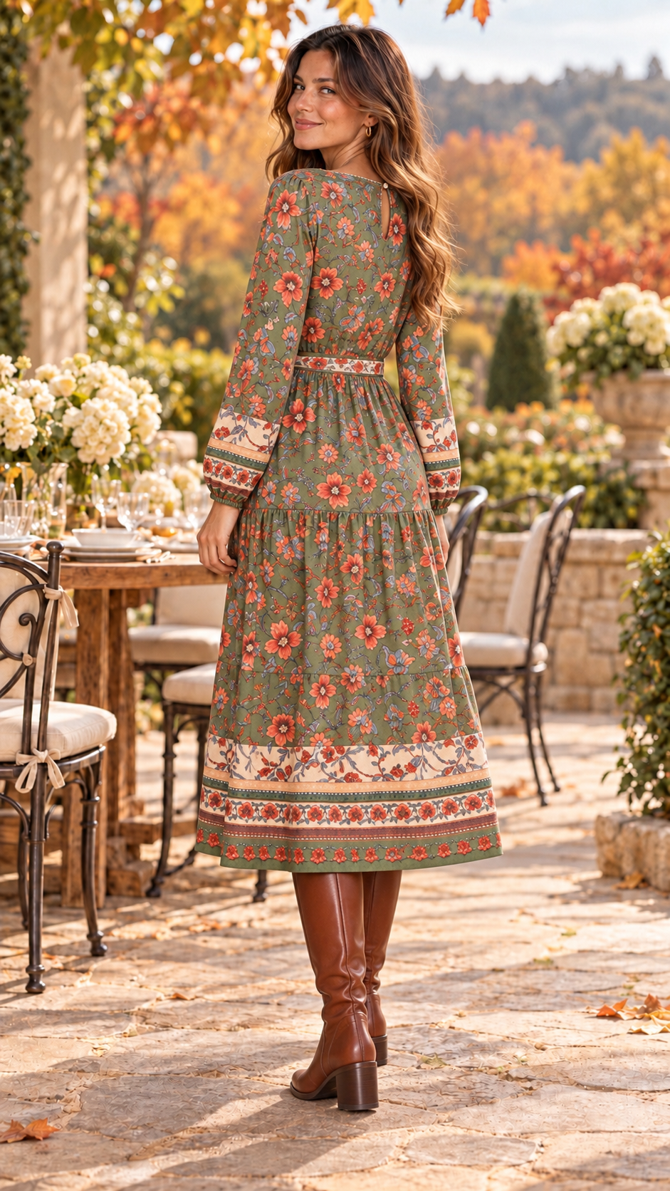 Presley Floral Border Print Belted Midi Dress Sage