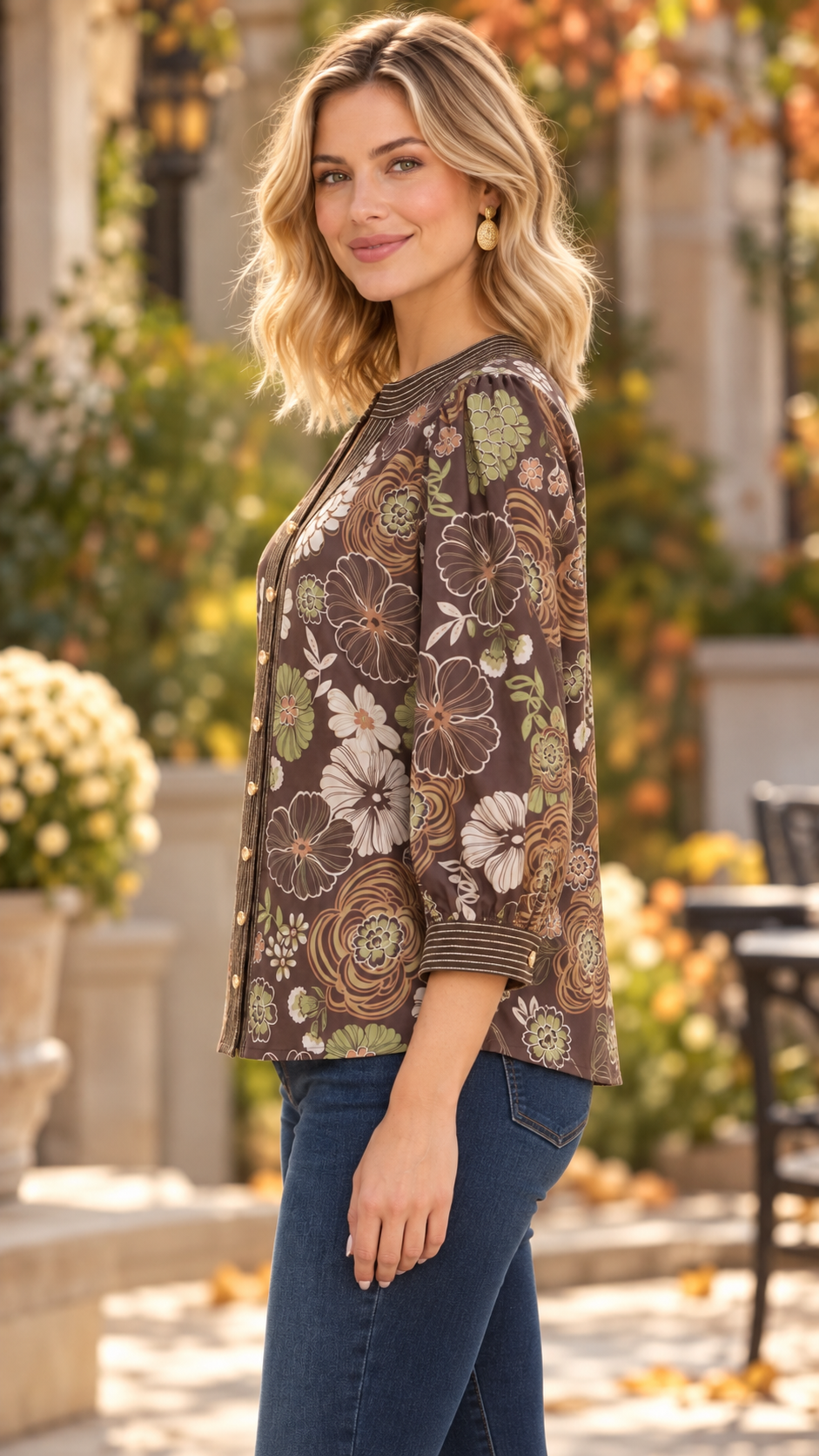Fallen Floral Print 3/4 Sleeve Top Brown
