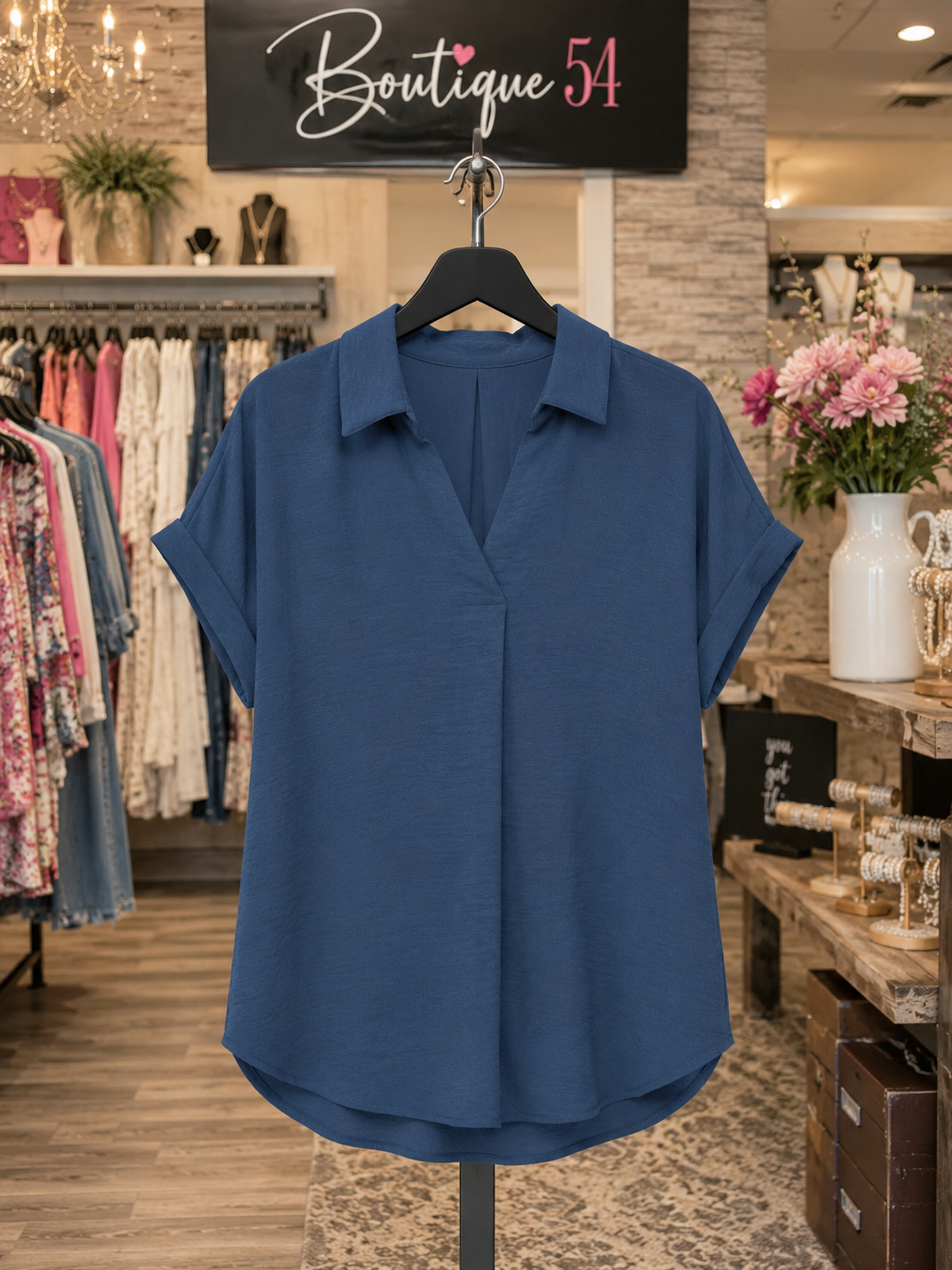 Debbie Drop Shoulder Collared Woven Top Dusty Blue