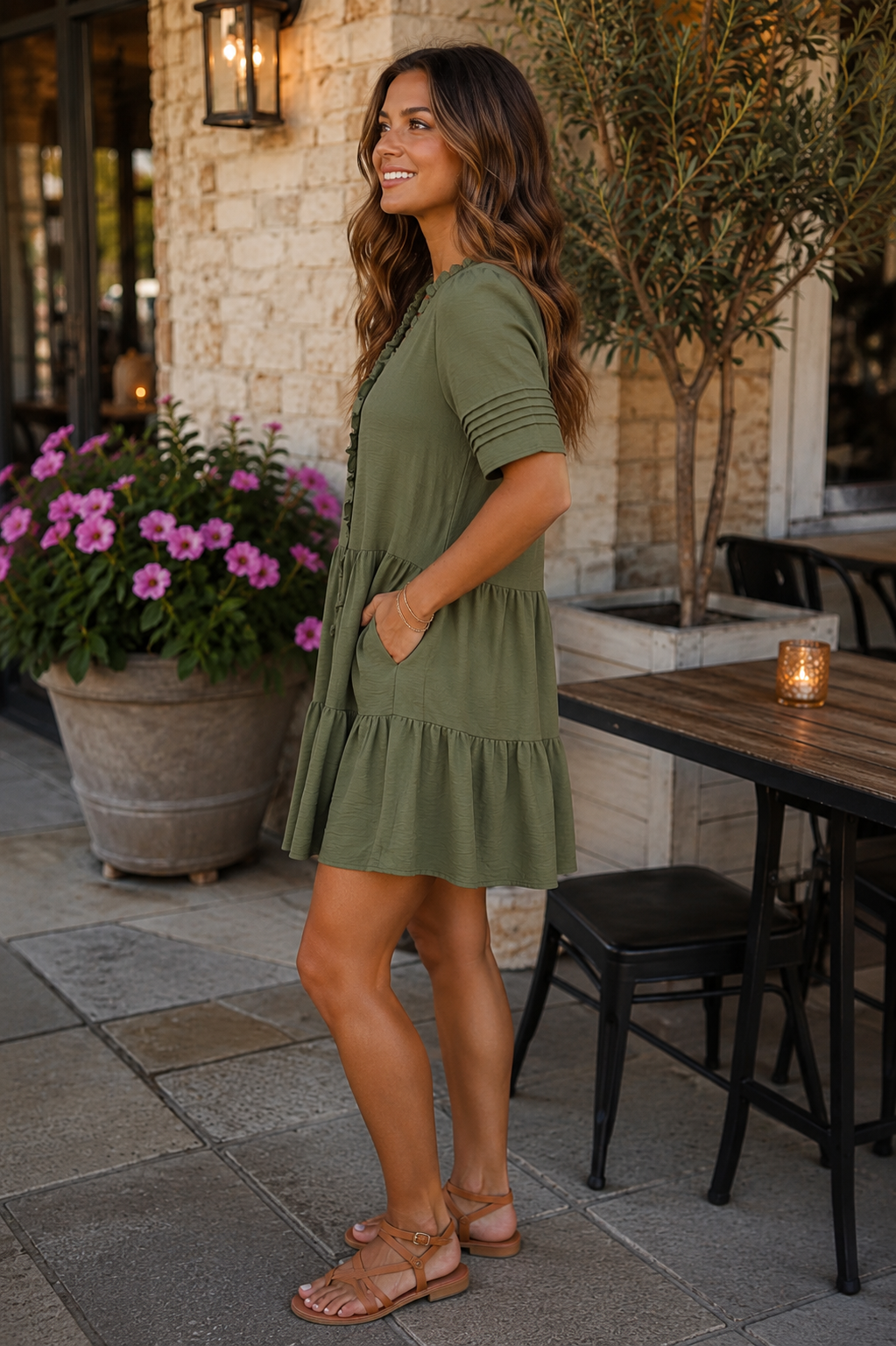 Haley Half Pleated Sleeve Ruffled Detail Tiered Mini Dress Olive