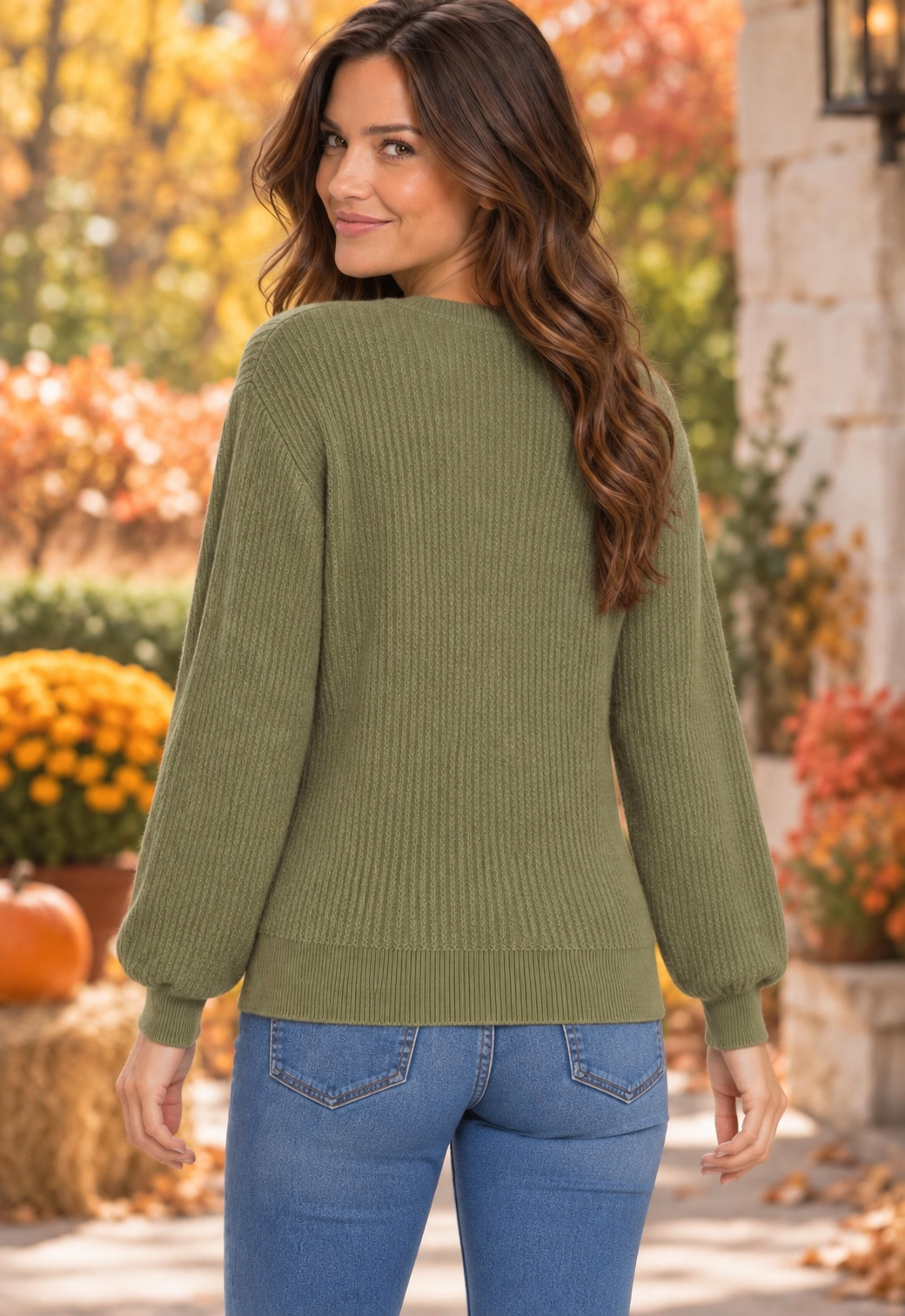 Vera Vertically Textured Balloon Sleeve Sweater Ivory Olive
