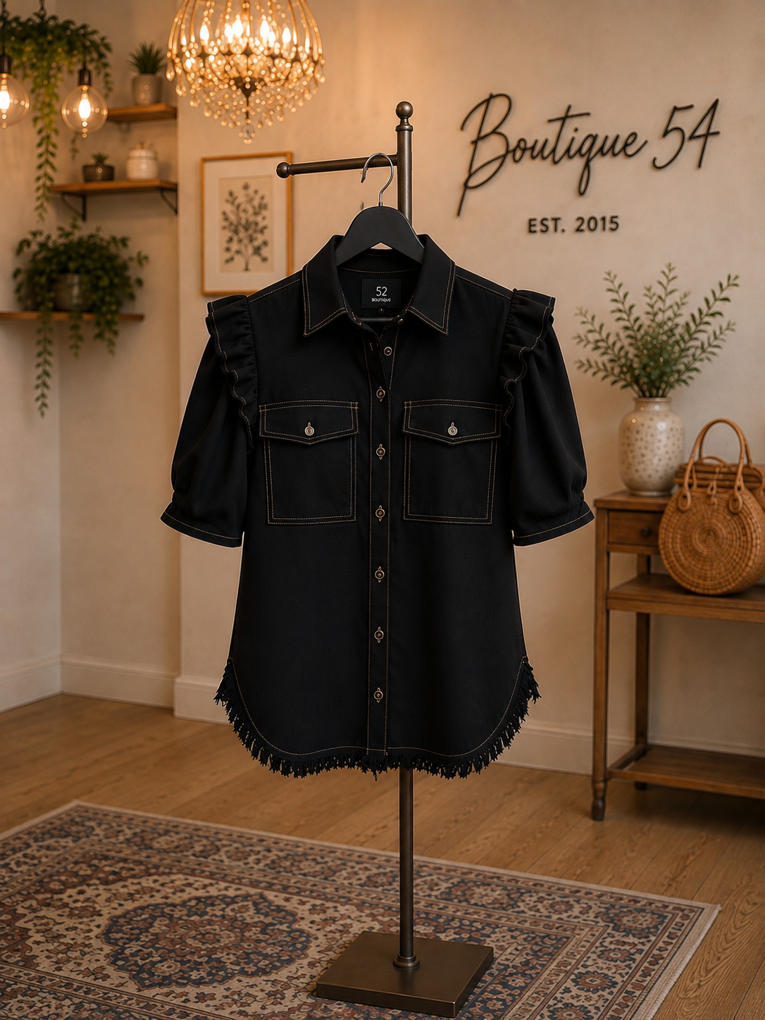 Raylee Ruffled Sleeve Linen Button Up Top Black