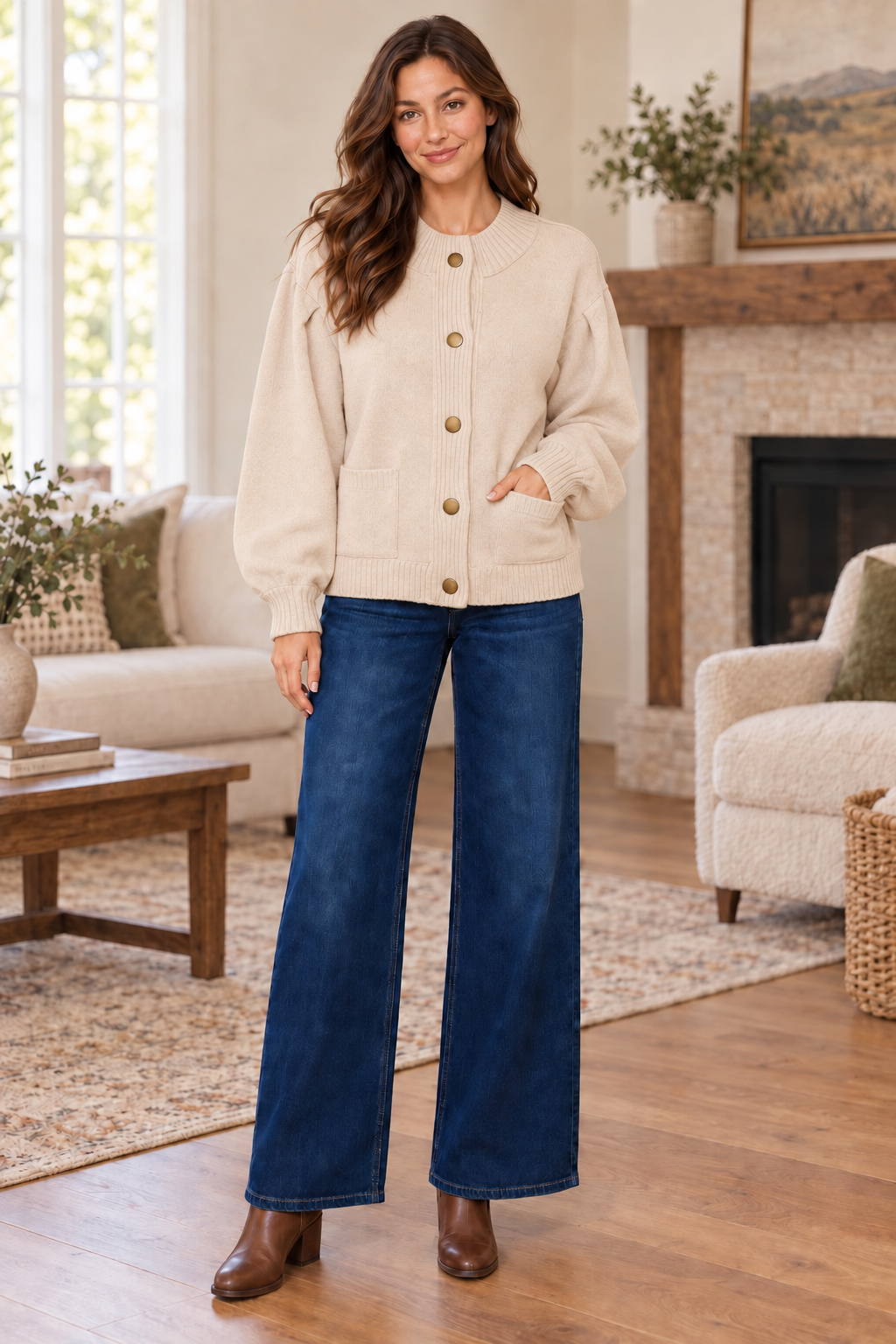 Delaney Drop Shoulder Long Puff Sleeve Sweater Cardigan Oatmeal