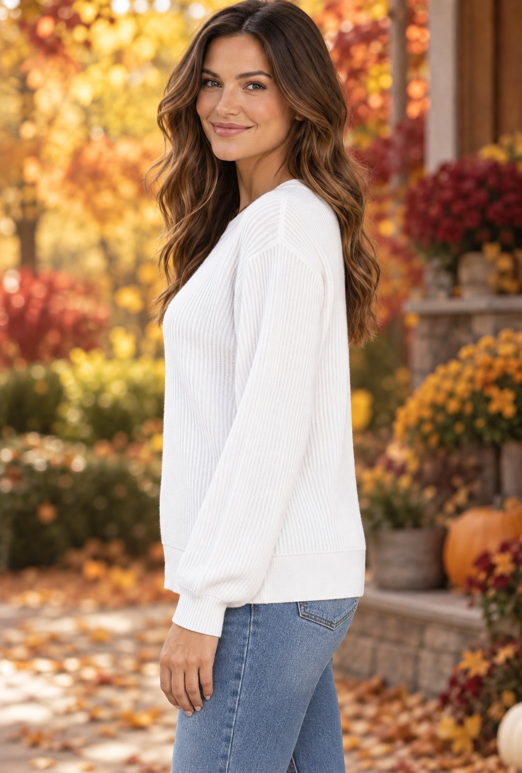 Vera Vertically Textured Balloon Sleeve Sweater Ivory
