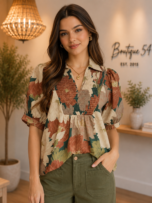 Foster Floral Print Puff Sleeve Smocked V Neck Top Teal