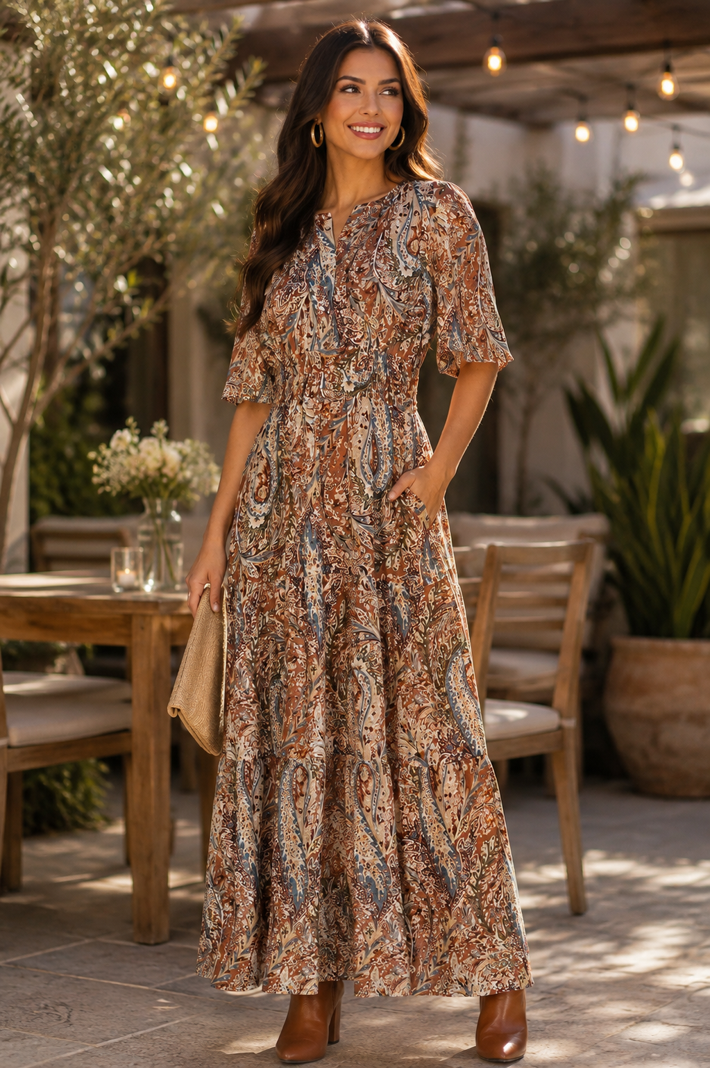 Pamela Half Flutter Sleeve Printed Maxi Dress Cinnamon