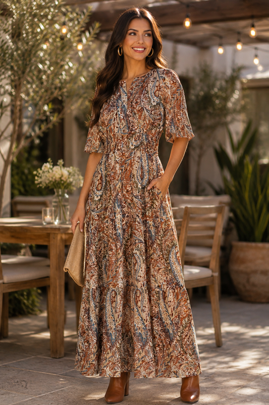 Pamela Half Flutter Sleeve Printed Maxi Dress Cinnamon