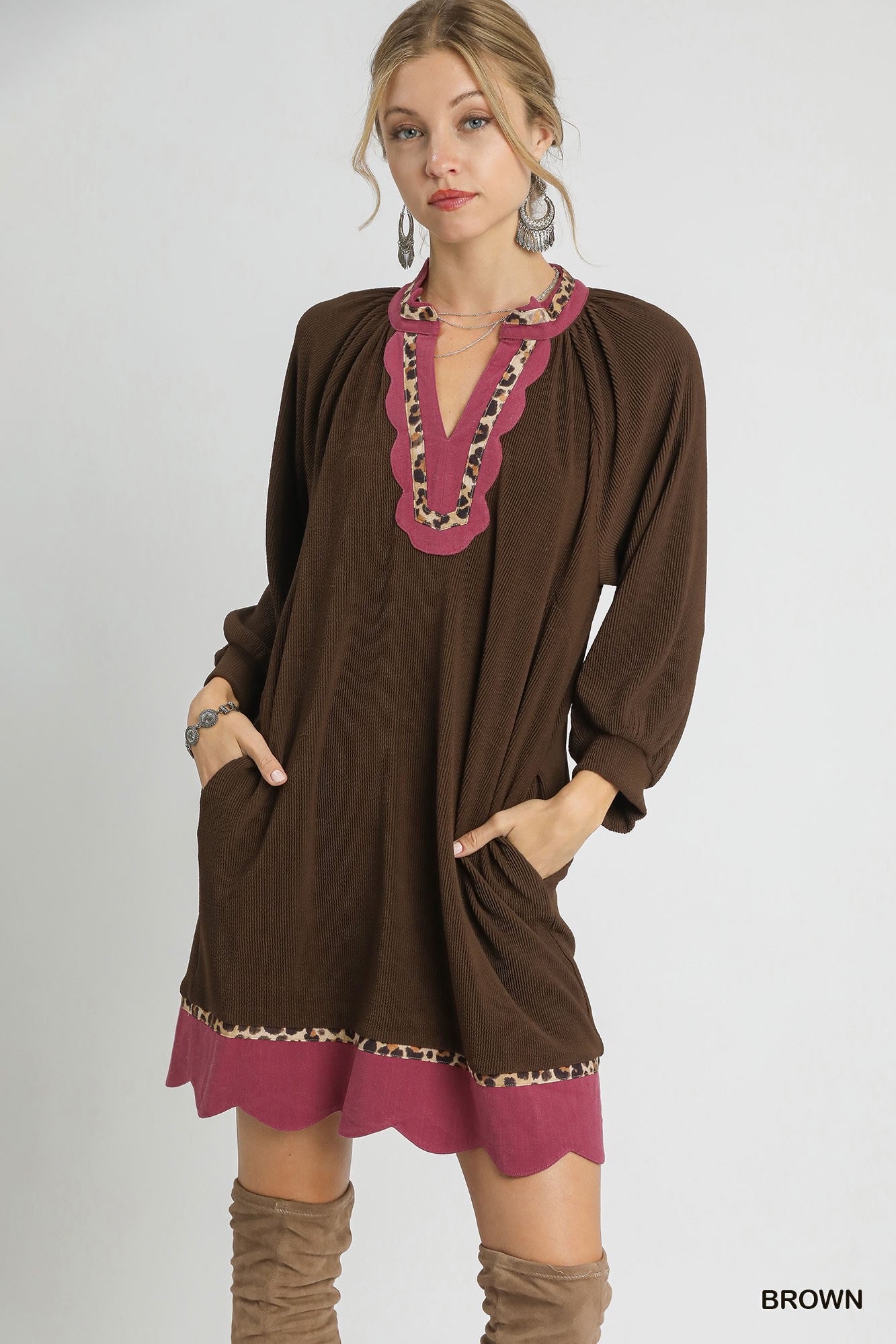 Linda Animal Print Contrast Trim Detail Dress Brown