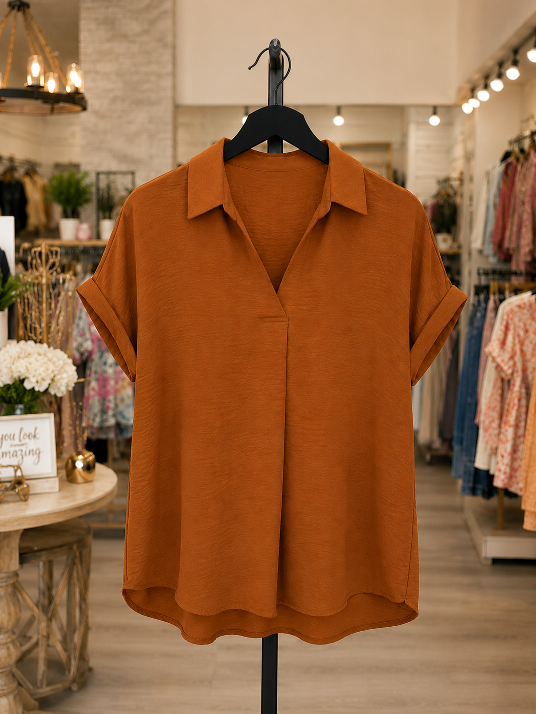 Debbie Drop Shoulder  Collared Woven Top Toffee