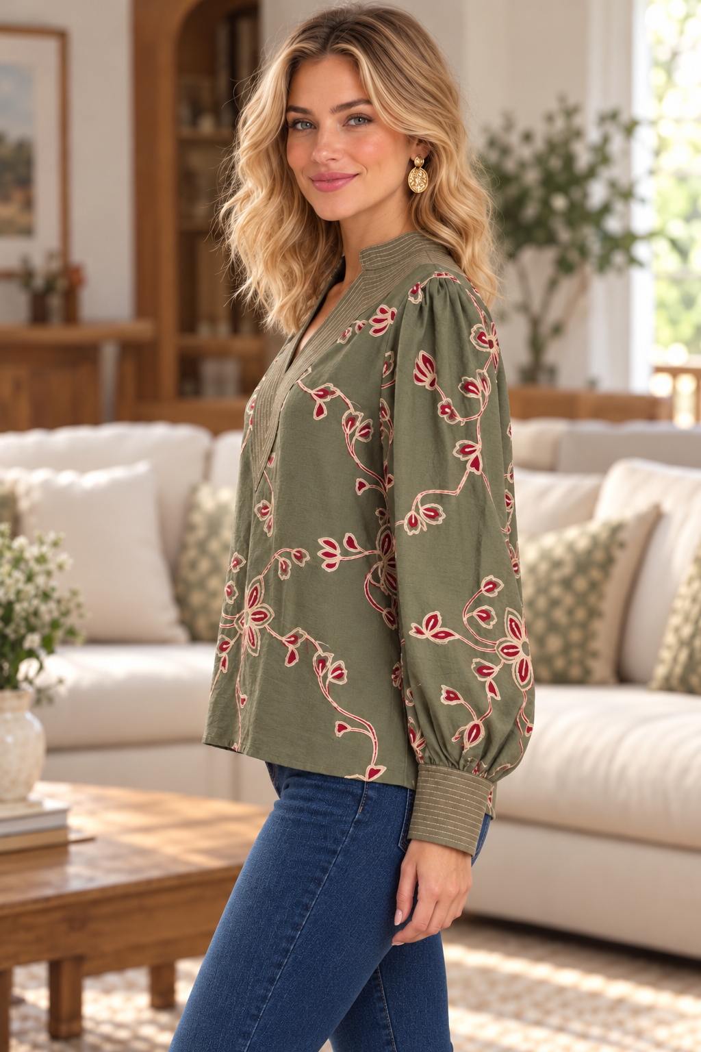 Faith Floral Embroidered Long Puff Sleeve Top Olive