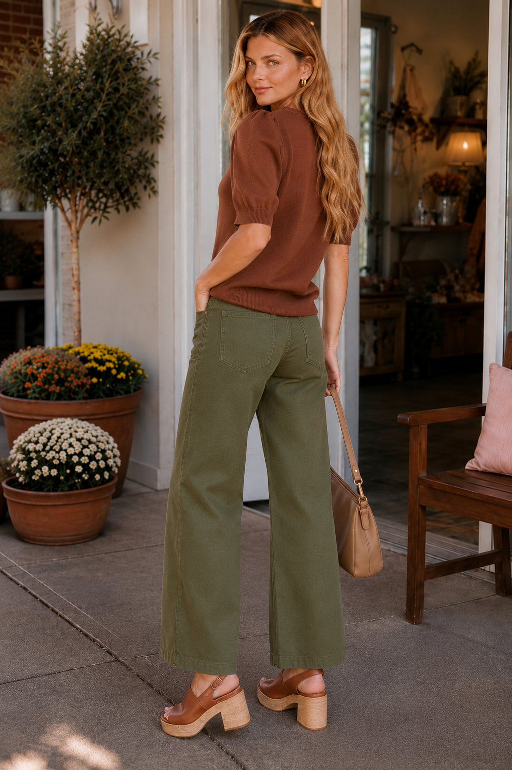 Selena Short Sleeve Ruffled Neck Sweater Cinnamon
