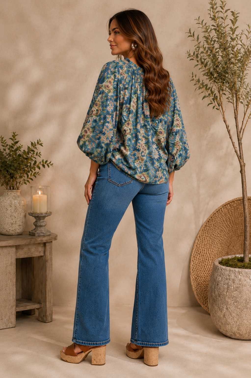 Stella Abstract Print Split V Neck Slate Blue