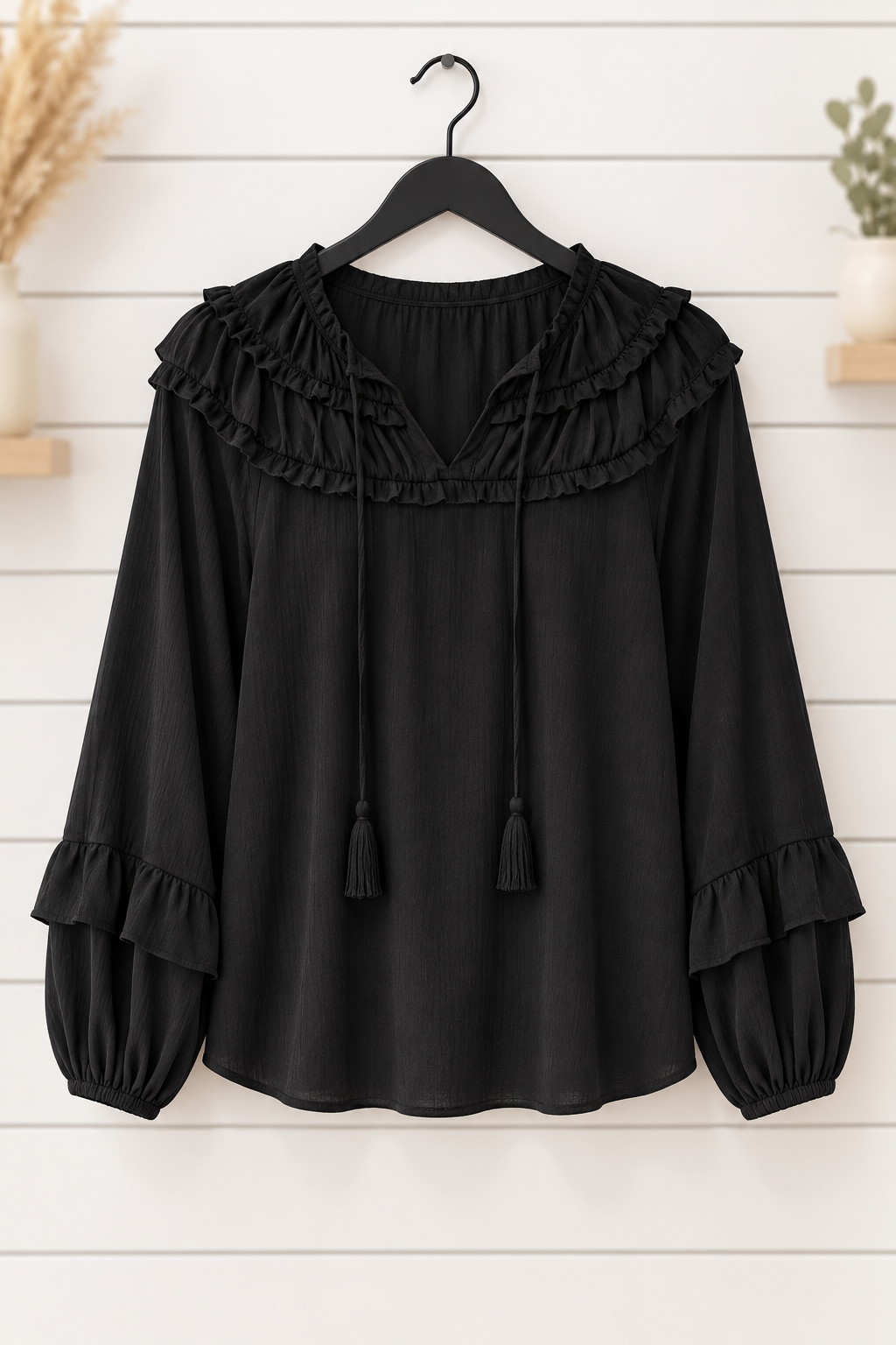 Toni Textured Fabric Shirring Yoke Blouse Black