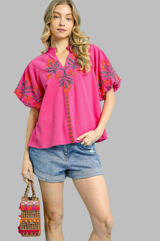 Faye Floral Embroidered Puff Sleeve Top Fuchsia