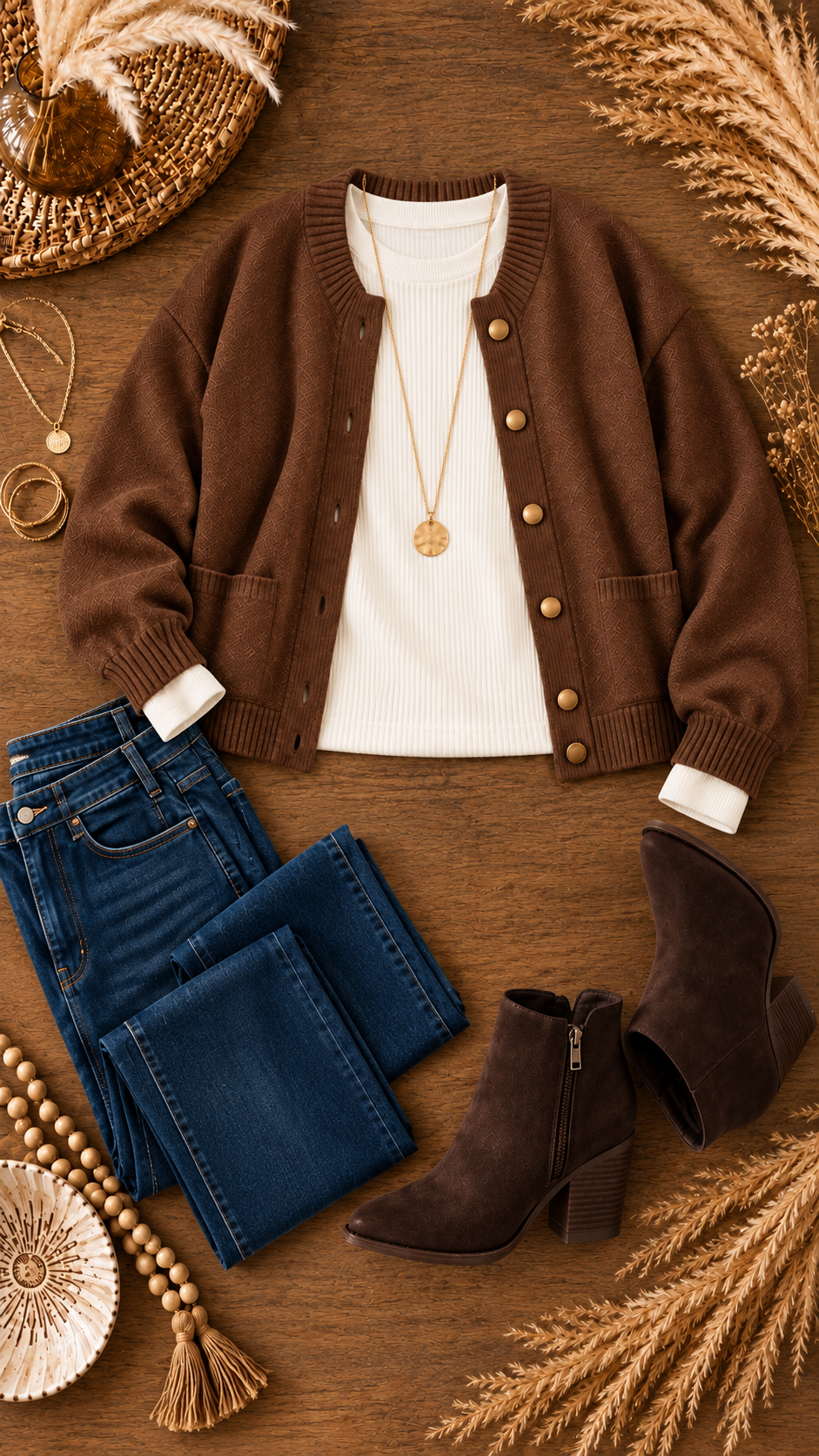 Delaney Drop Shoulder Long Puff Sleeve Sweater Cardigan Brown