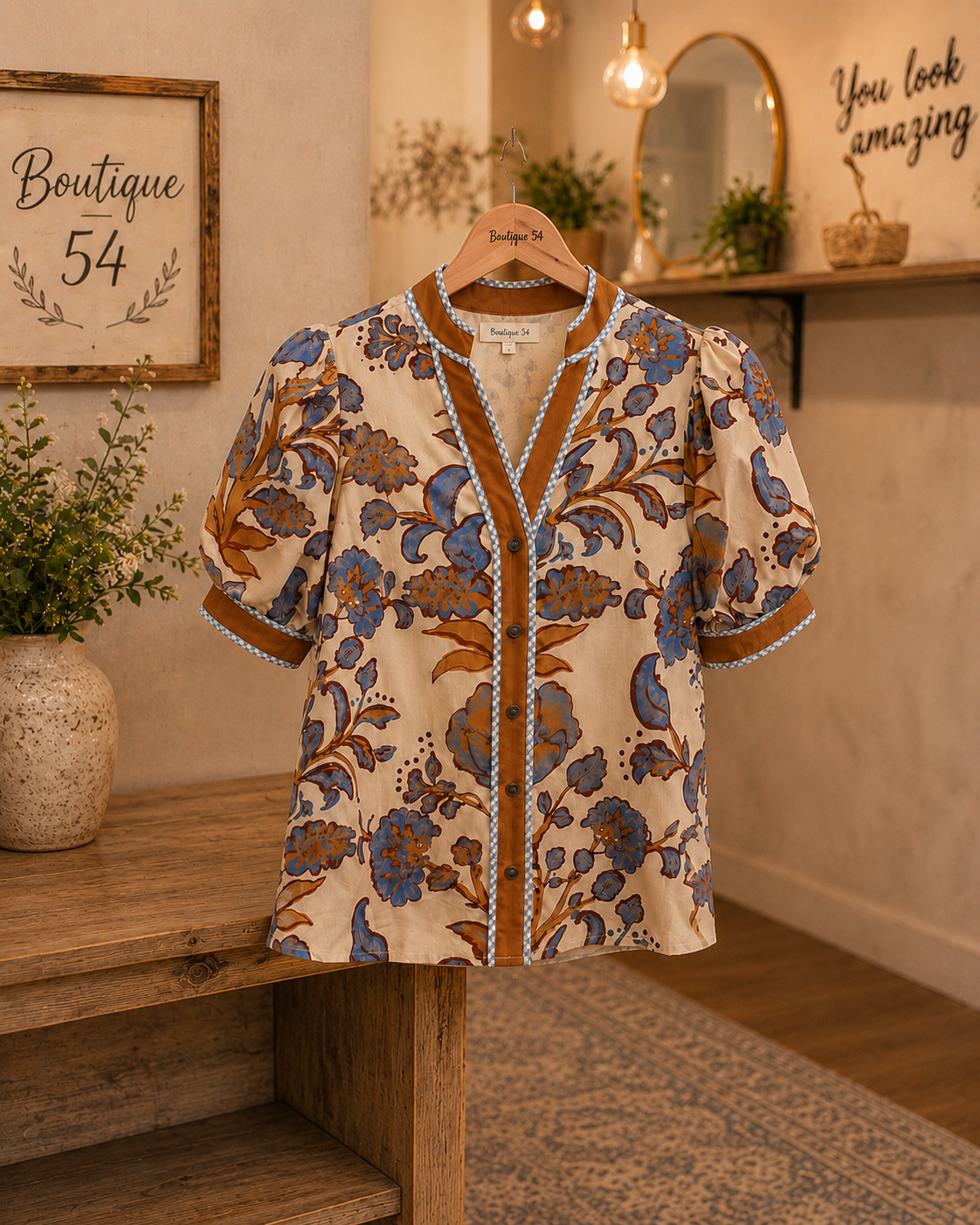 Francie Floral Print Puff Sleeve Contrast Detail Top Ecru