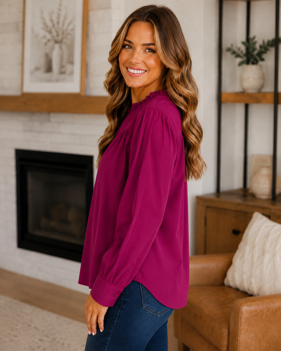 Lydia Long Sleeve Solid Crinkled Top Magenta