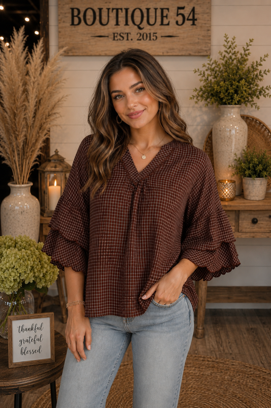 Candace Checkered Tiered Ruffled Sleeve Blouse Chocolate