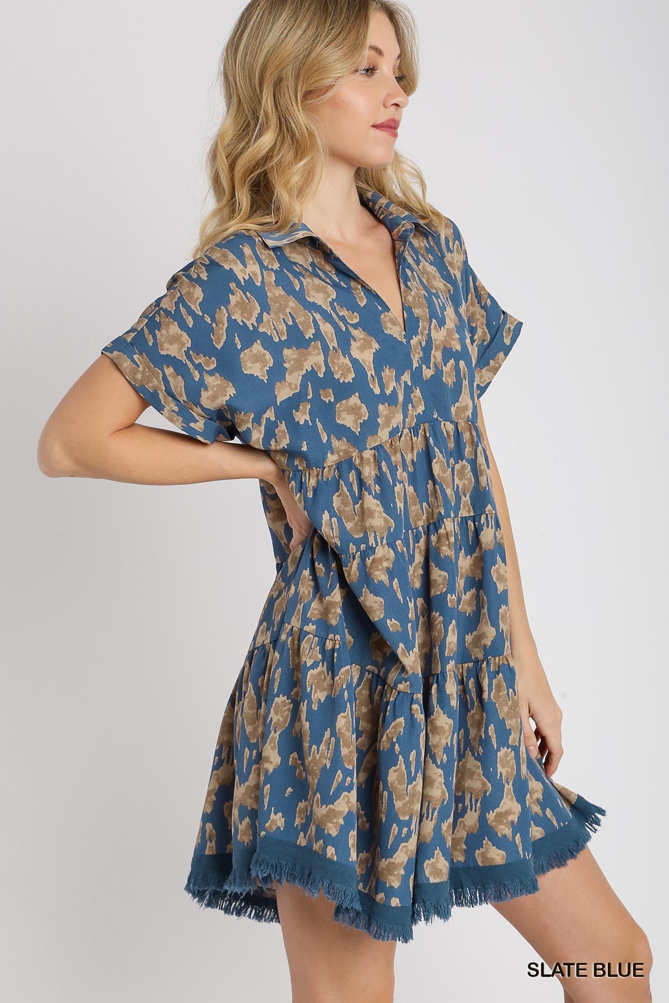 Allie Animal Print Split Neck Dress Slate Blue