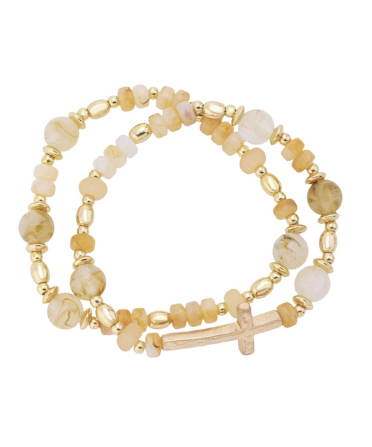 2 Row Cross & Marble Stone Bracelet Beige