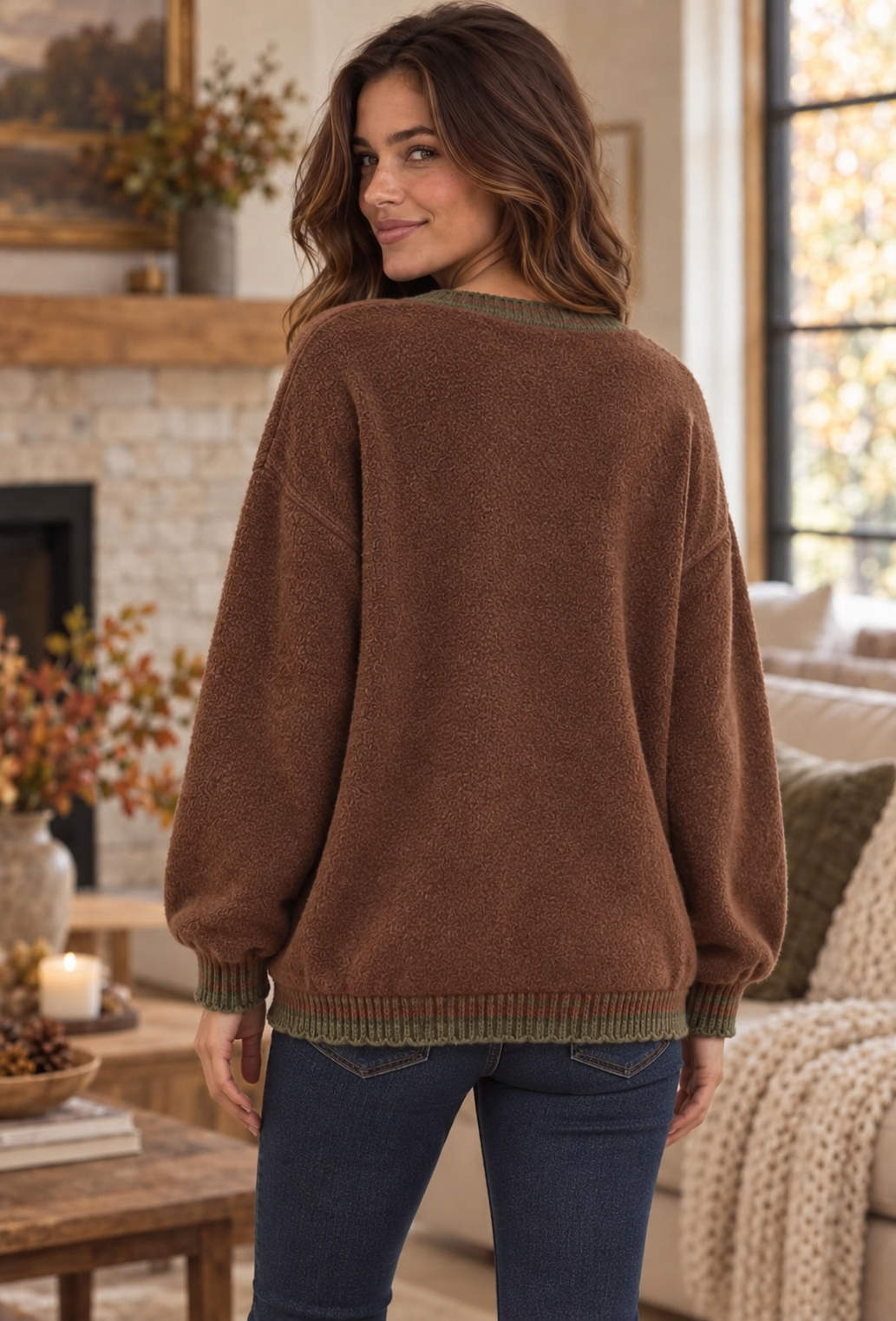 Maple Floral Embroidery Soft Knit Cardigan Forest Mocha