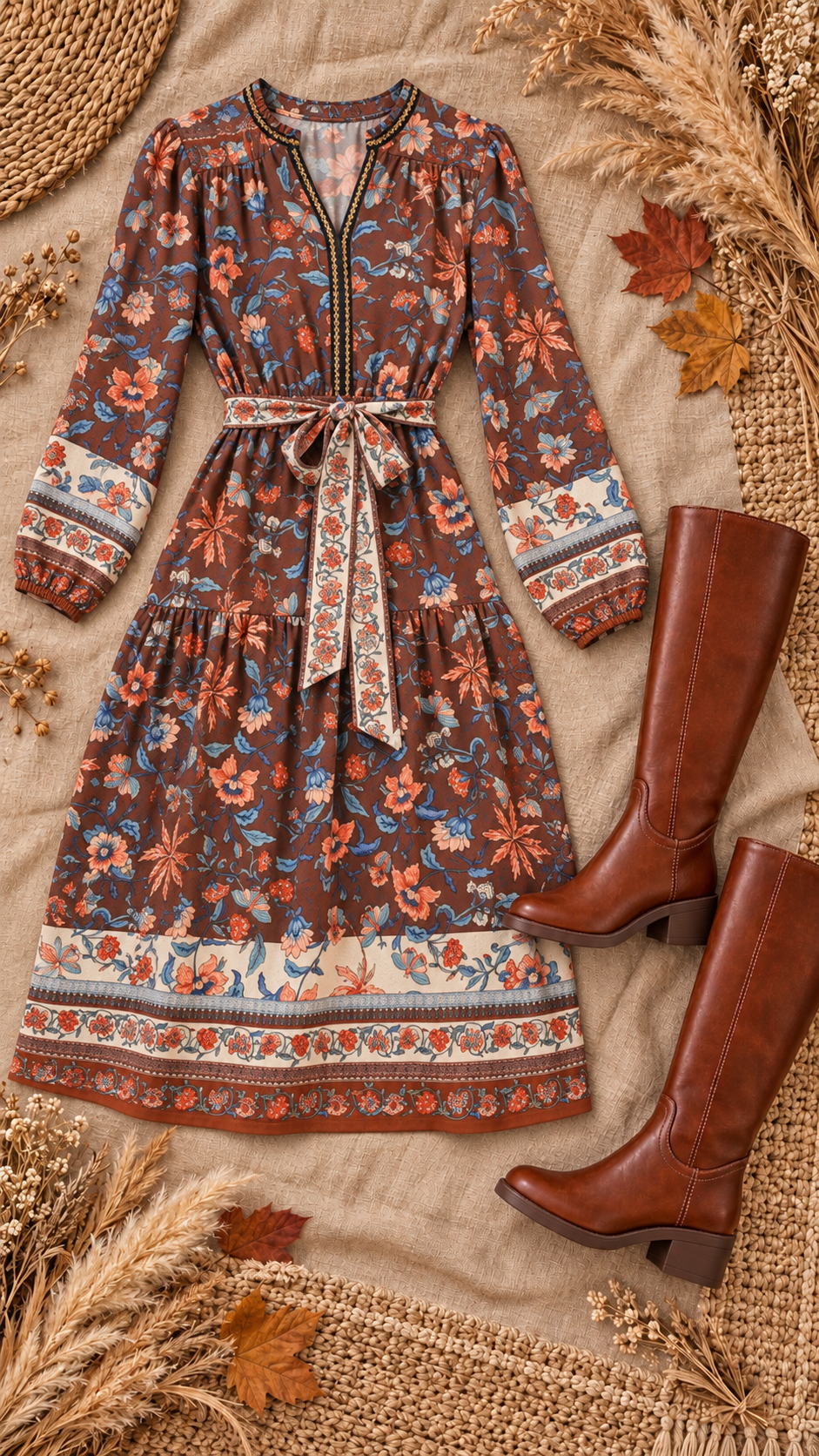 Presley Floral Border Print Belted Midi Drss Coco Brown