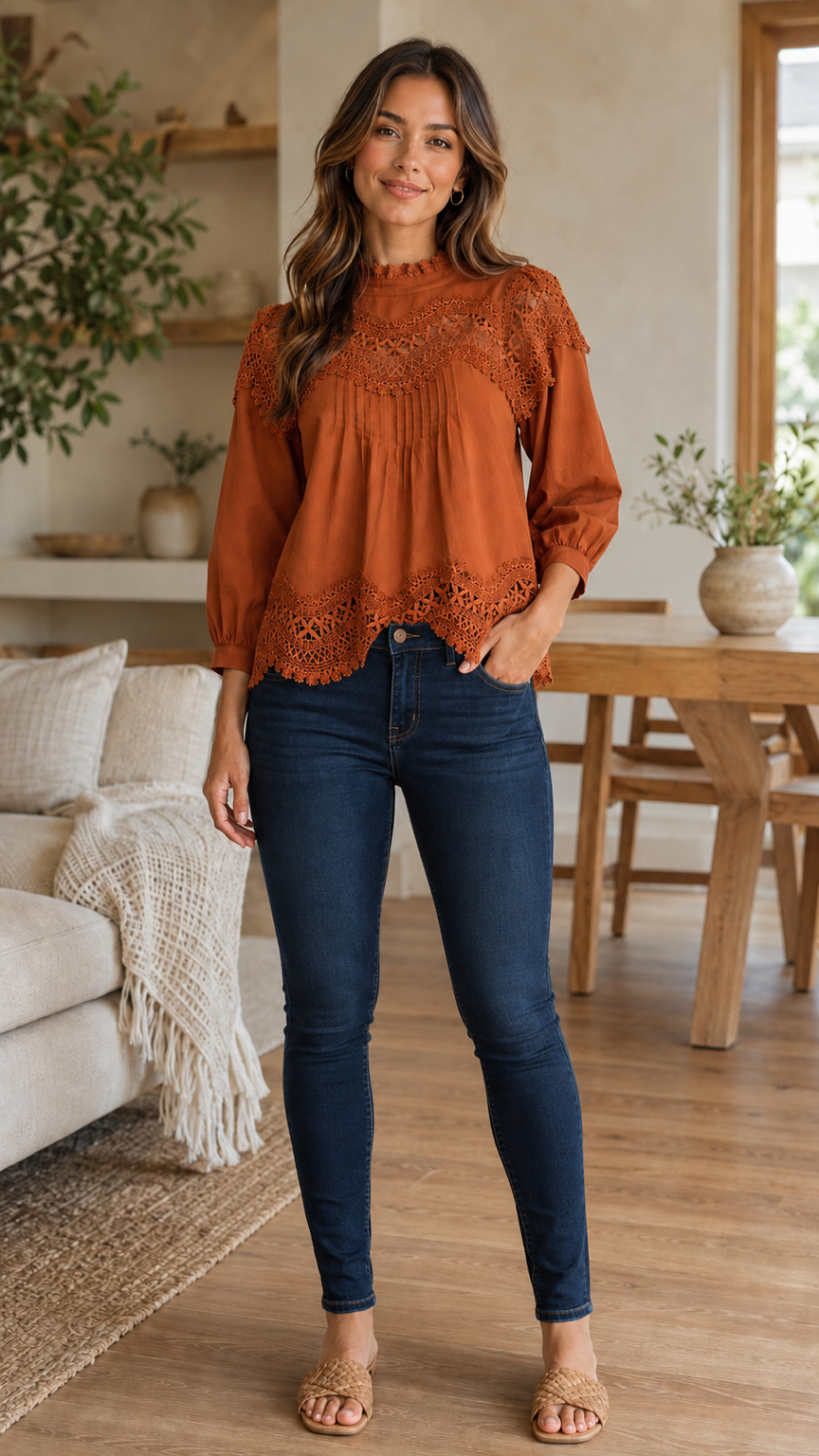 Lacee Mock Neck 3/4 Sleeve Lace Trim Blouse Clay