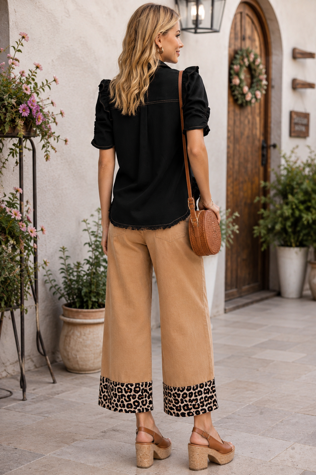 Raylee Ruffled Sleeve Linen Button Up Top Black