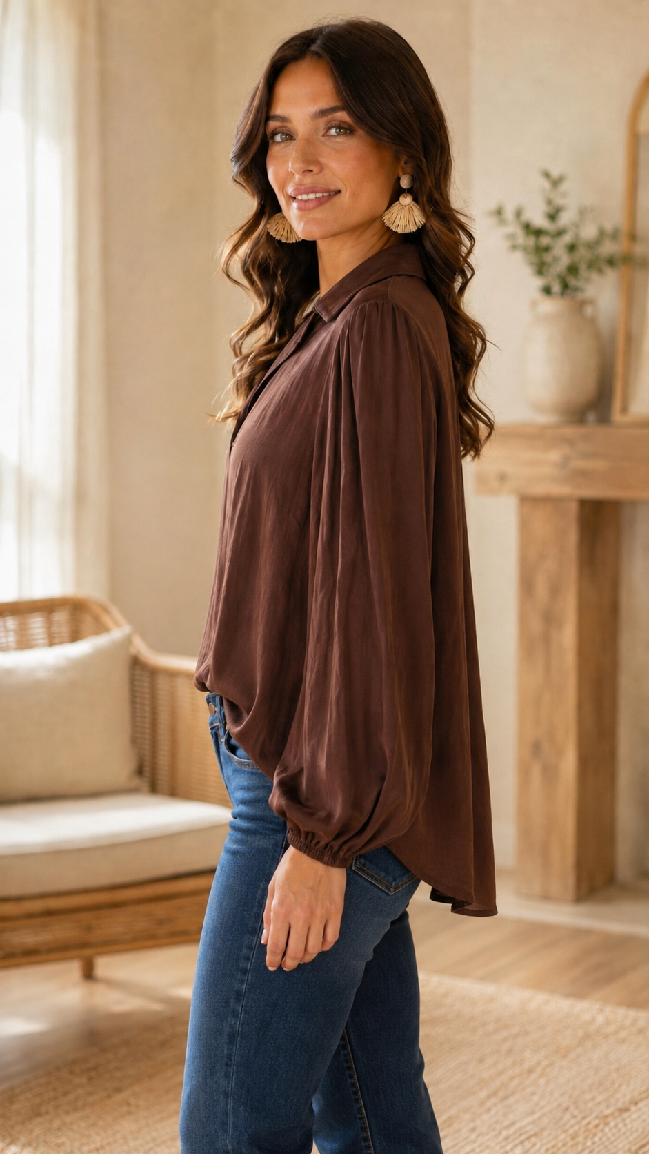 Collin Collared Long Sleeve Textured Blouse Chocolate