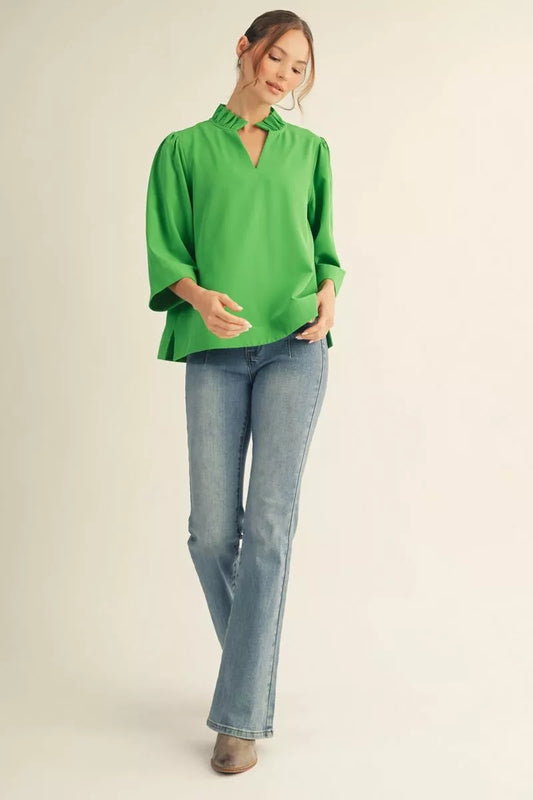 Carol 3/4 Sleeve Crinkled Ruffled Neck Top Kelly Green