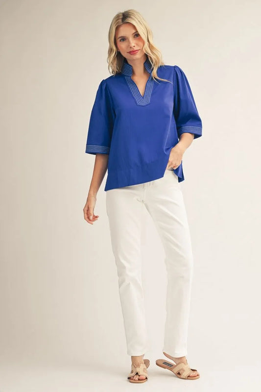 Sally 1/2 Sleeve Top Contrast Stitch Detail Royal Blue