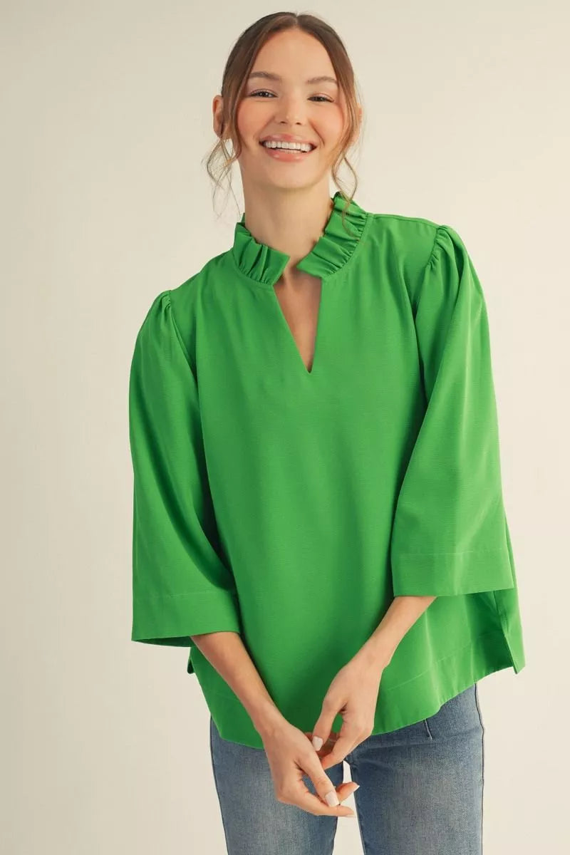 Carol 3/4 Sleeve Crinkled Ruffled Neck Top Kelly Green