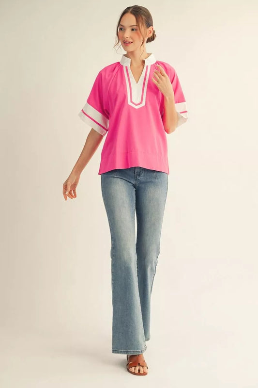 Heather 1/2 Sleeve Color Block Top Hot Pink