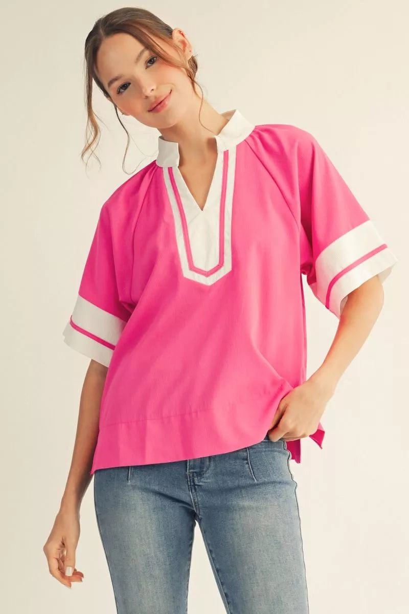 Heather 1/2 Sleeve Color Block Top Hot Pink