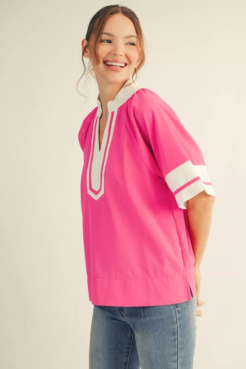 Heather 1/2 Sleeve Color Block Top Hot Pink