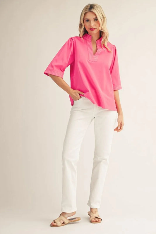 Sally 1/2 Sleeve Top Contrast Stitch Detail Neon Pink
