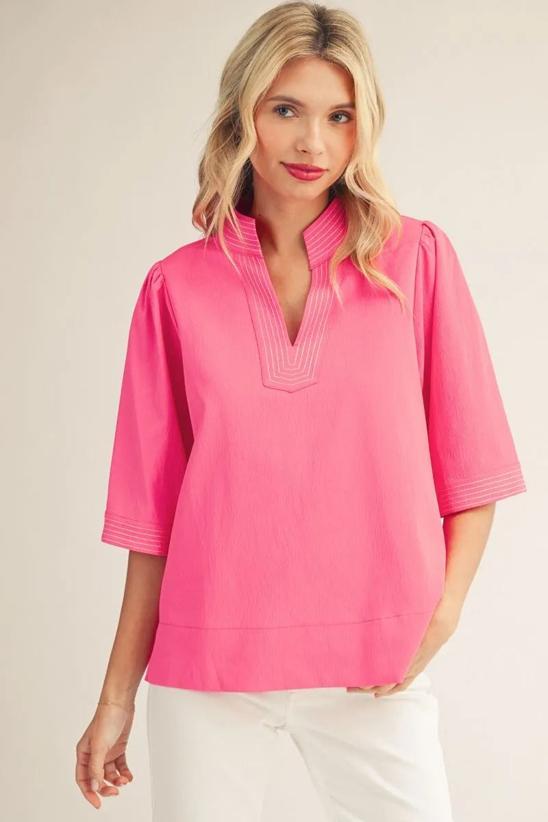 Sally 1/2 Sleeve Top Contrast Stitch Detail Neon Pink