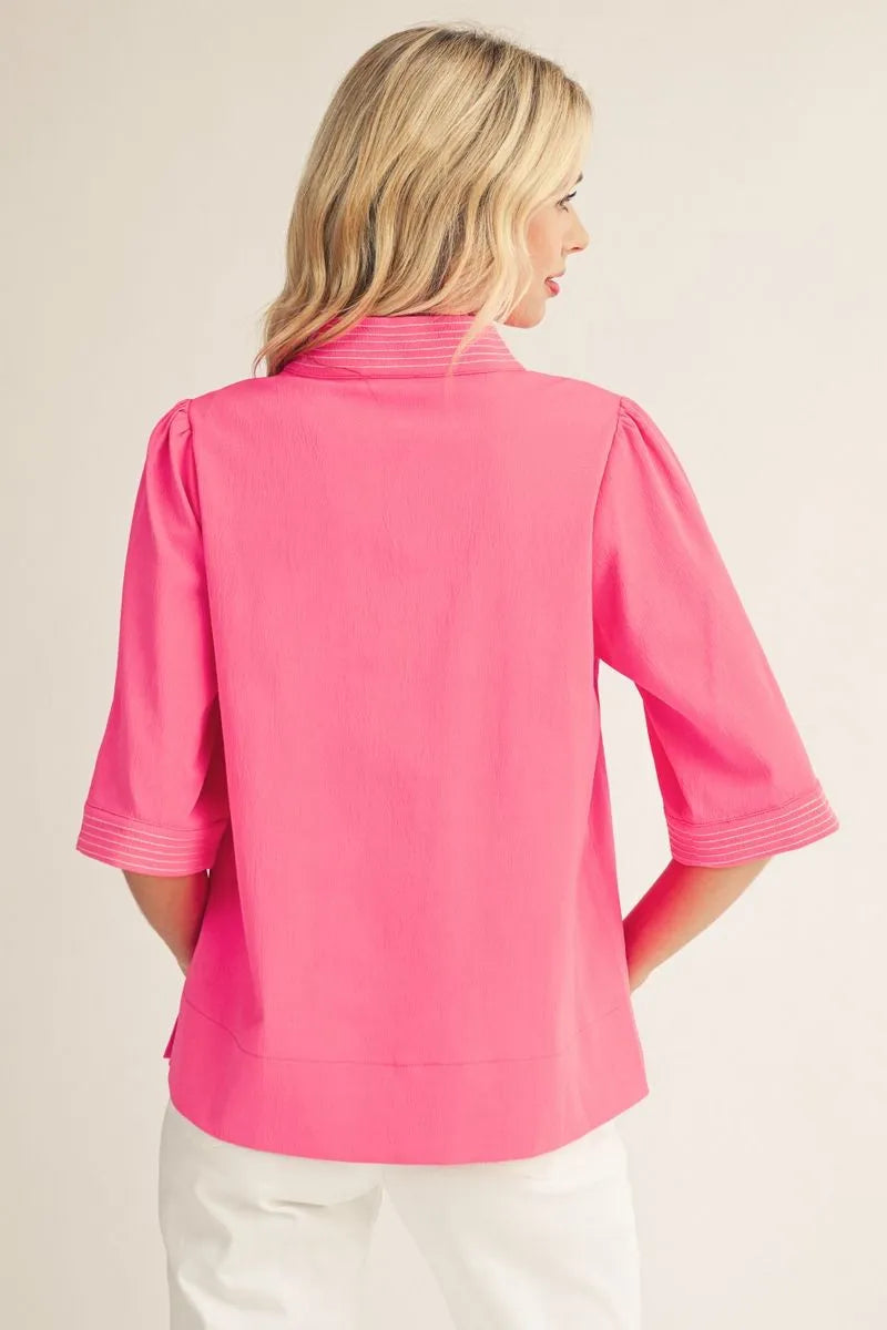 Sally 1/2 Sleeve Top Contrast Stitch Detail Neon Pink