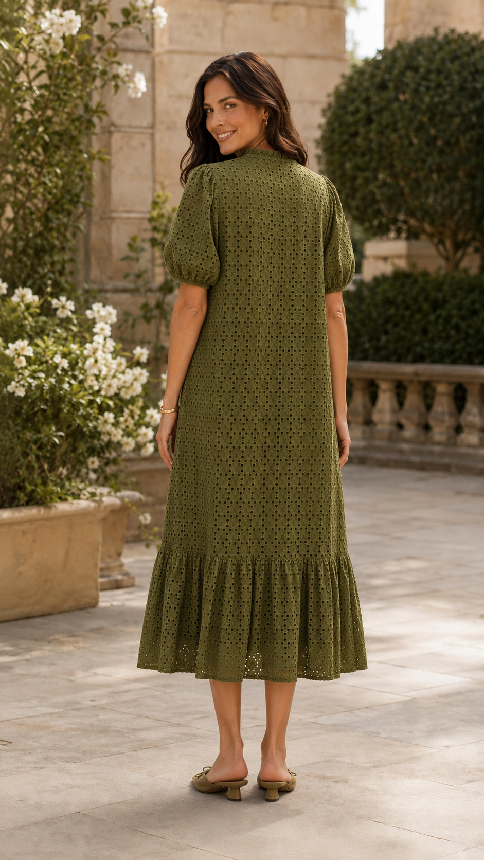 Emily Eyelet Short Puff Sleeve Midi Dress Olive