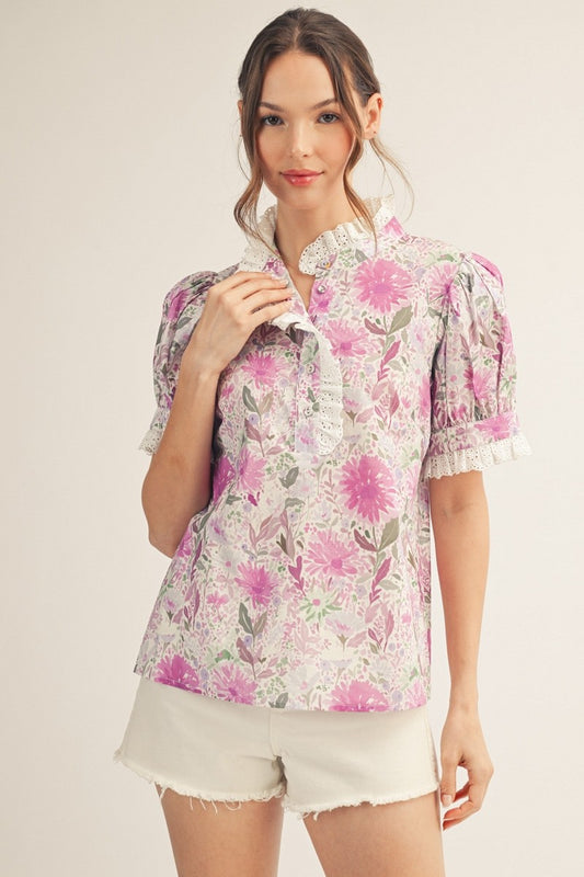 Eileen Eyelet Contrast Floral Blouse Lavender