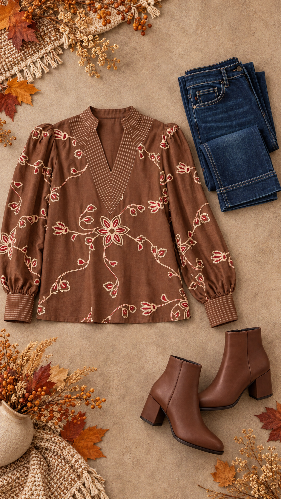 Faith Floral Embroidered Long Puff Sleeve Top Brown
