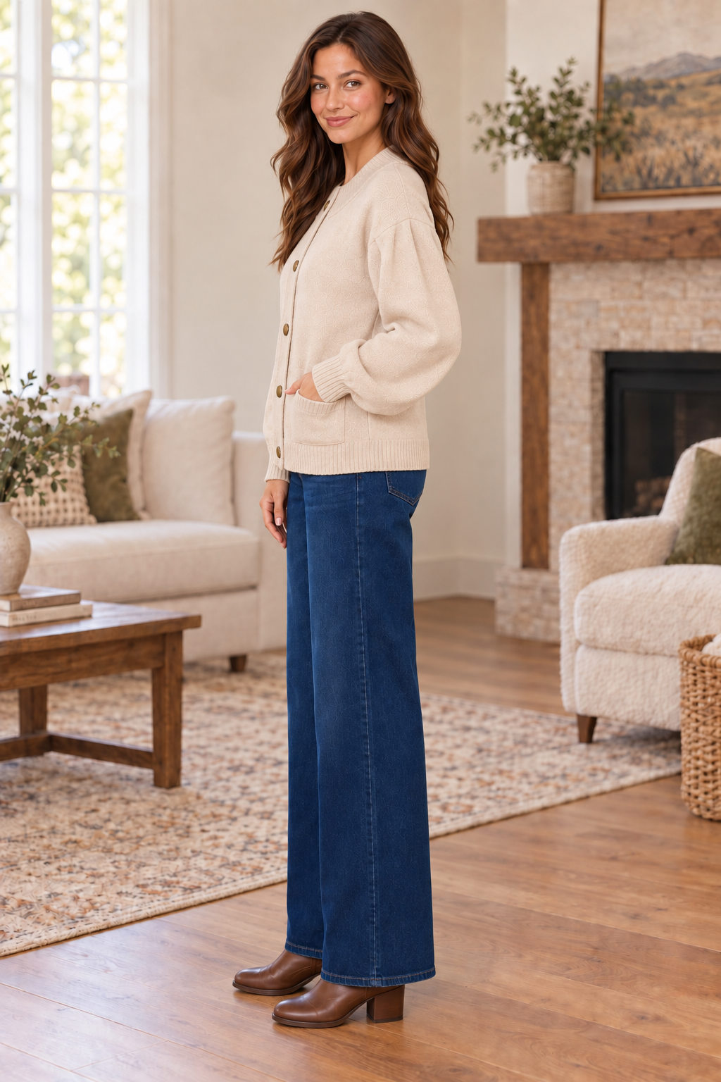 Delaney Drop Shoulder Long Puff Sleeve Sweater Cardigan Oatmeal