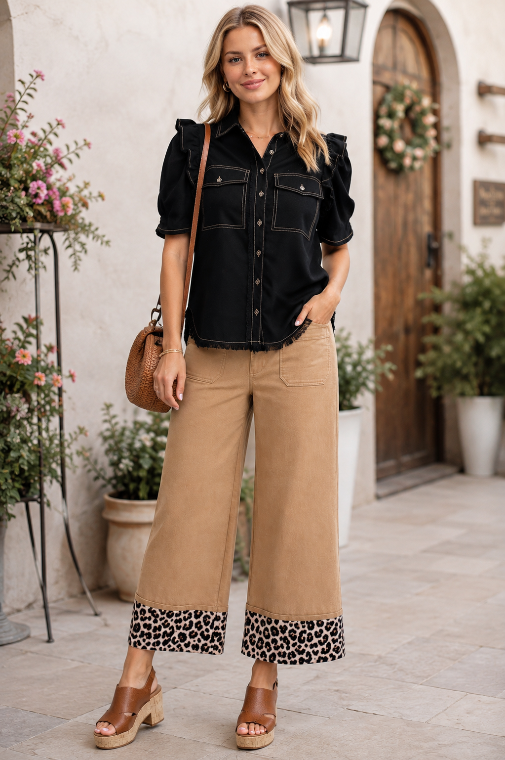 Raylee Ruffled Sleeve Linen Button Up Top Black