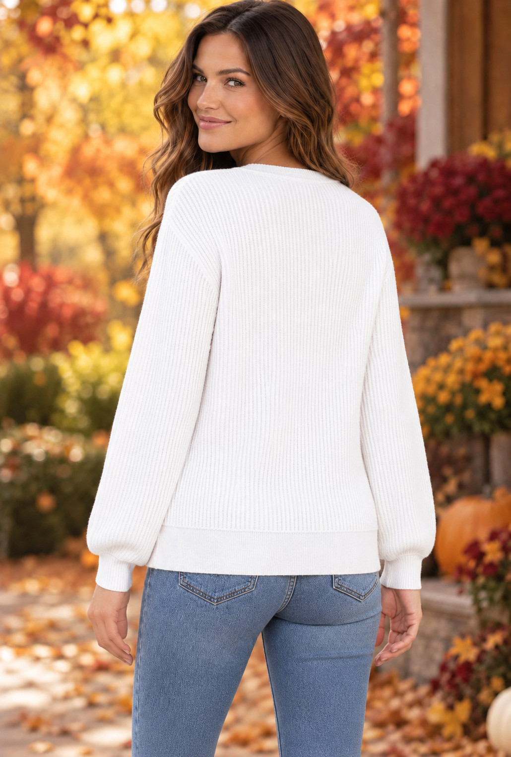 Vera Vertically Textured Balloon Sleeve Sweater Ivory