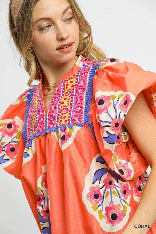 Bohemian Queen Floral Top Coral