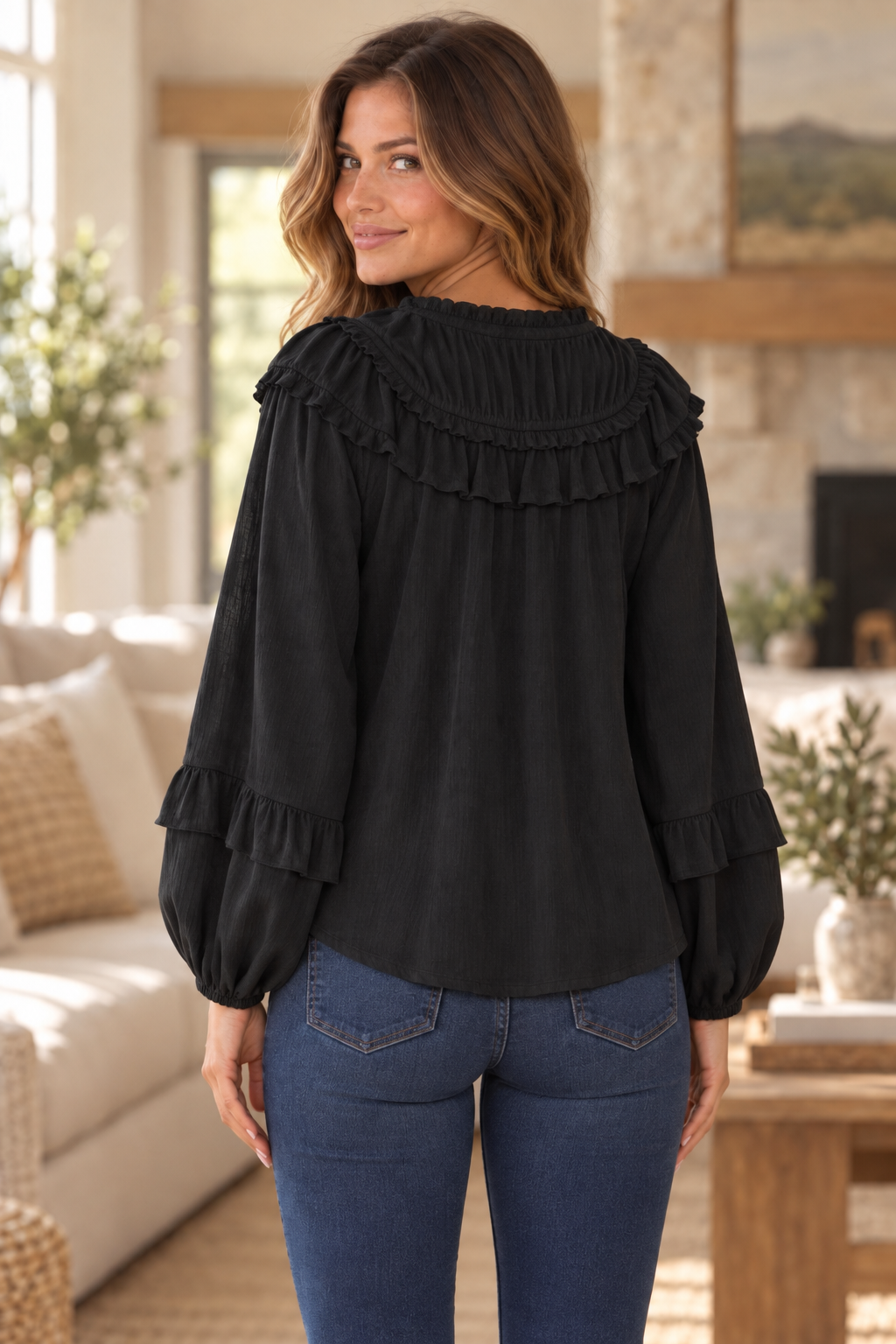 Toni Textured Fabric Shirring Yoke Blouse Black