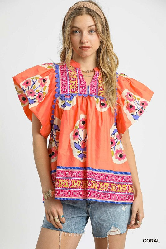 Bohemian Queen Floral Top Coral