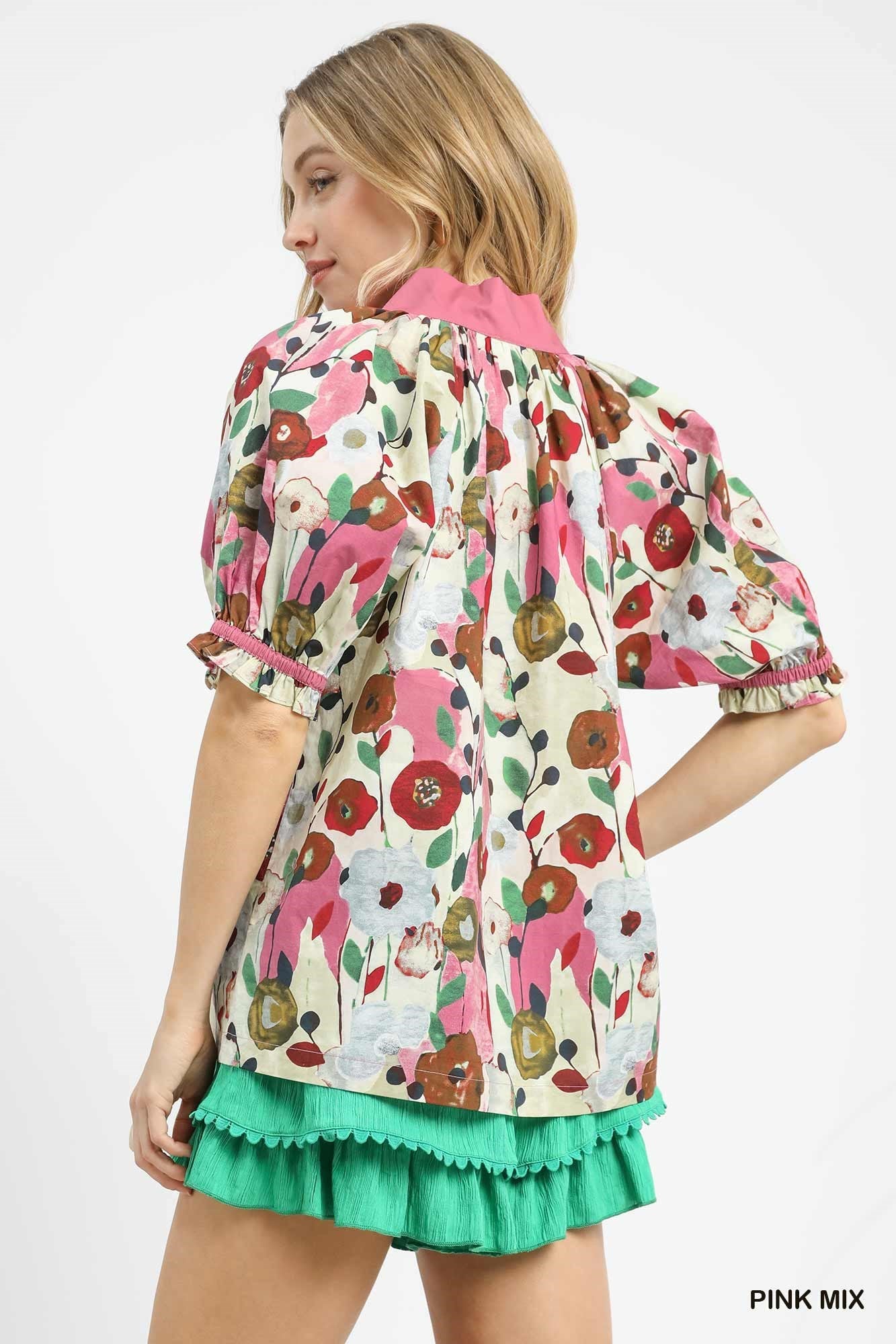Charlotte Floral Print Split Neck Puff Sleeve Top Pink