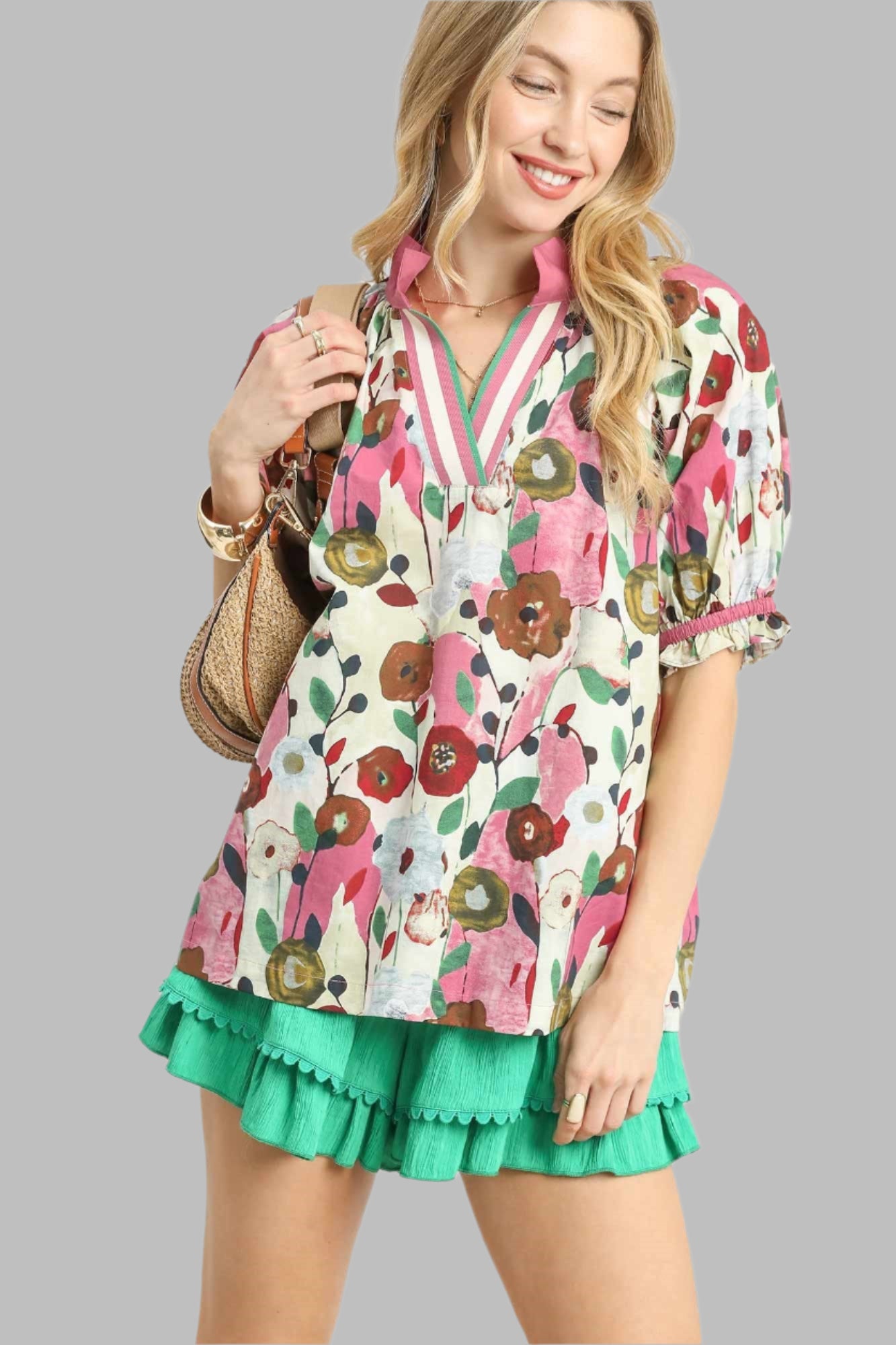 Charlotte Floral Print Split Neck Puff Sleeve Top Pink