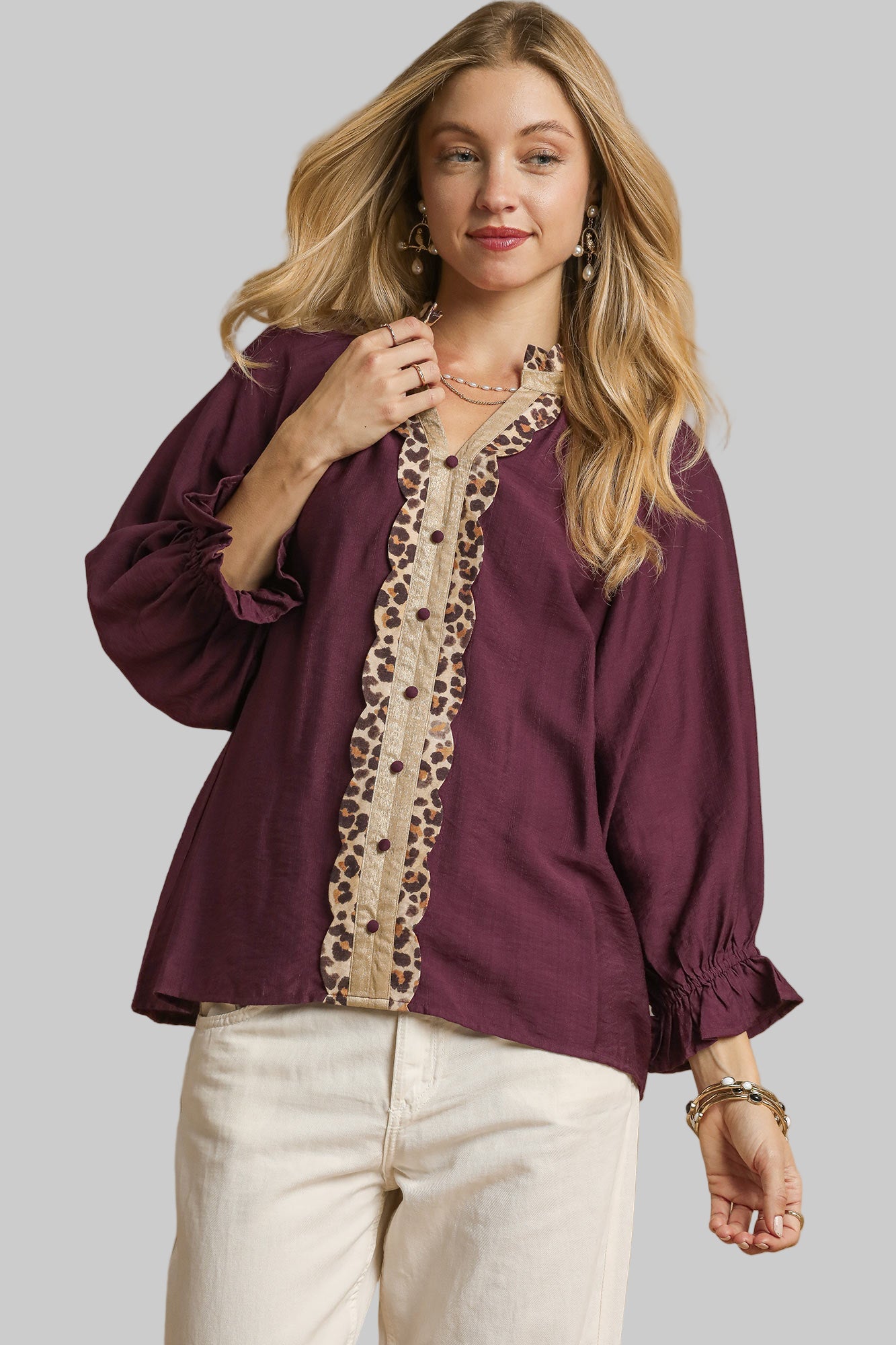 Lainey Leopard Trim Button Front Blouse Plum